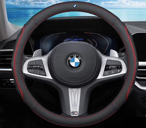 Шкіряний чохол на кермо автомобіля BMW червоний 6003 фото