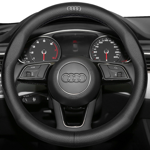 Шкіряний чохол на кермо з перфорацією для автомобіля Audi чорний 00159 фото