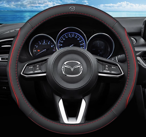 Шкіряний чохол на кермо автомобіля Mazda червоний 60018 фото