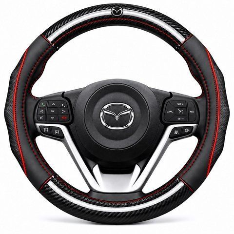 Чохол наклада на кермо з натуральної шкіри та карбону для автомобіля Mazda K20 фото