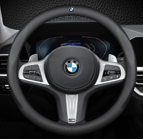 Шкіряний чохол на кермо з перфорацією для автомобіля BMW чорний 00118 фото