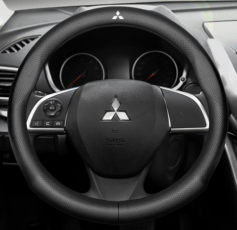 Шкіряний чохол на кермо з перфорацією для автомобіля Mitsubishi чорний 00136 фото